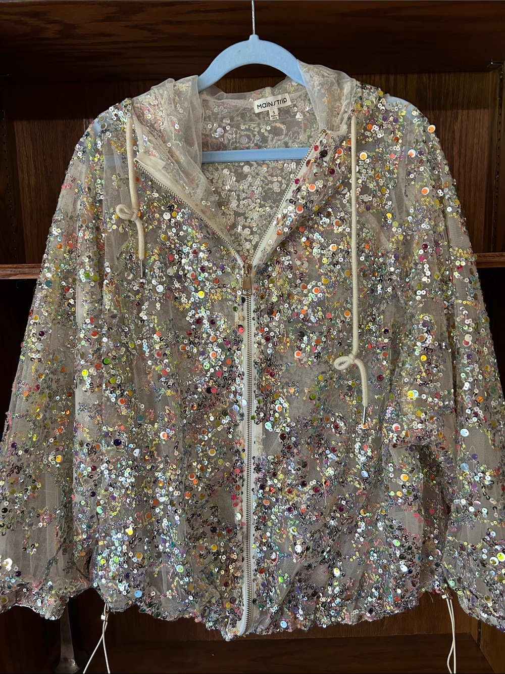 Main Strip Champagne Sequin Mesh Bomber Jacket